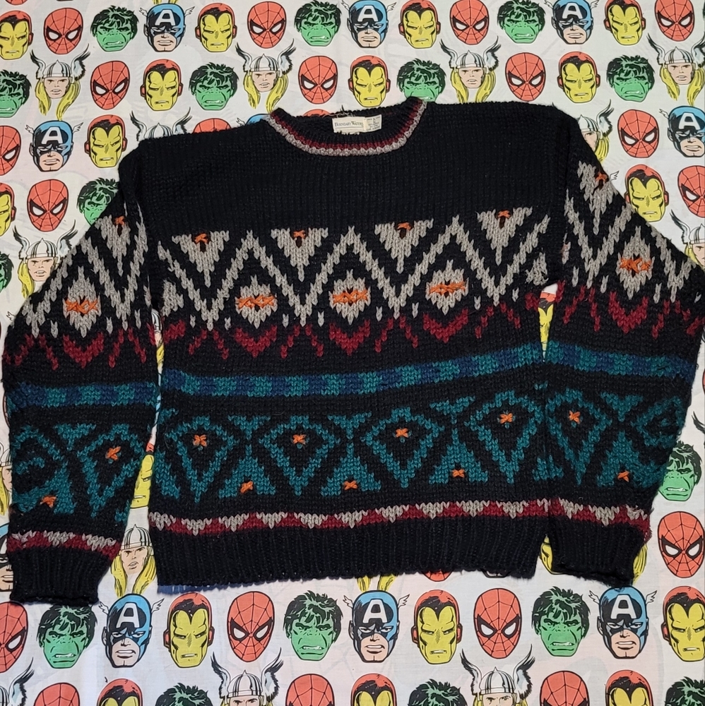 Vintage Hand Woven Pattern Crewneck Sweater Large Heavy Weight